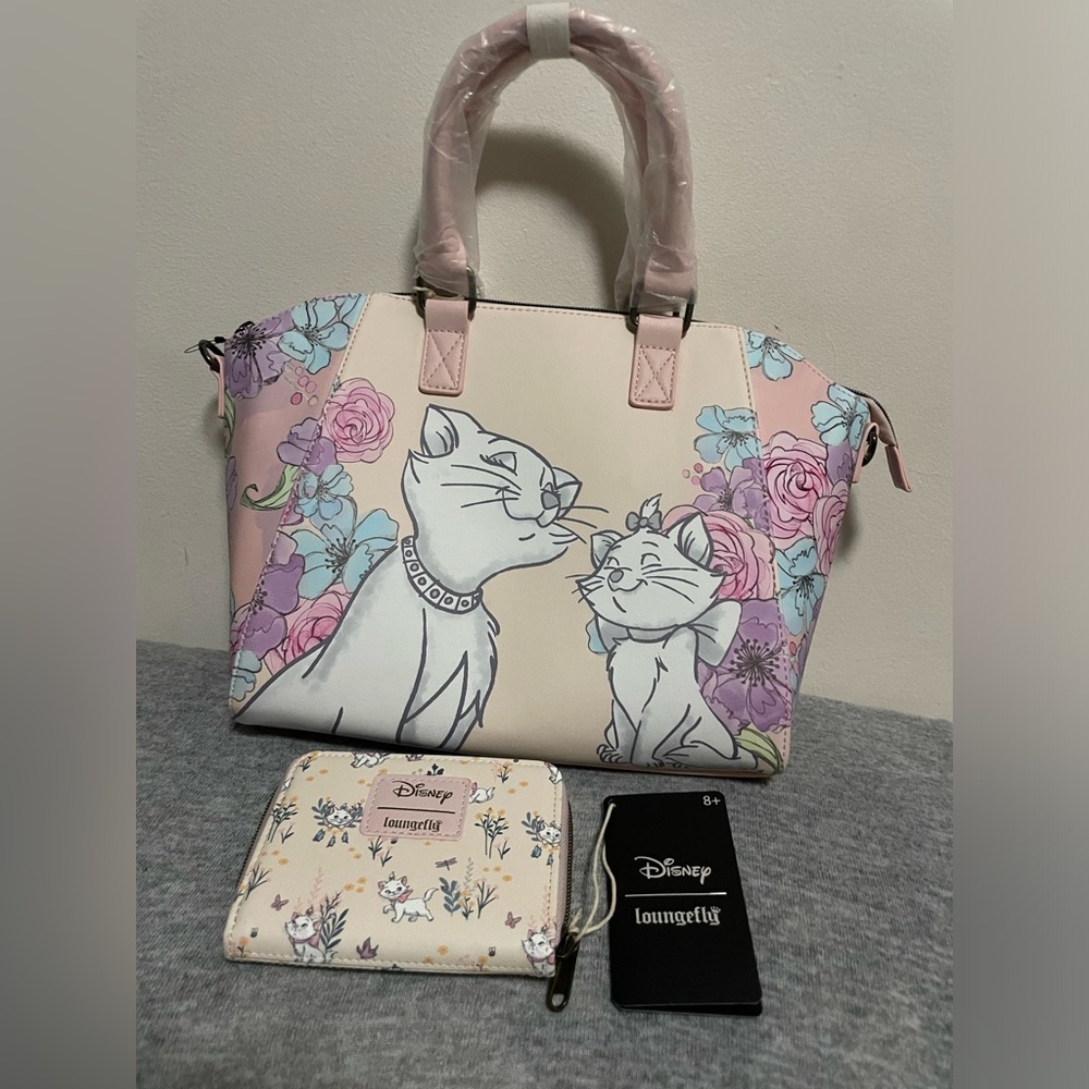 SET Loungefly The Aristocats Marie & Duchess Floral Satchel Bag & Marie Wallet